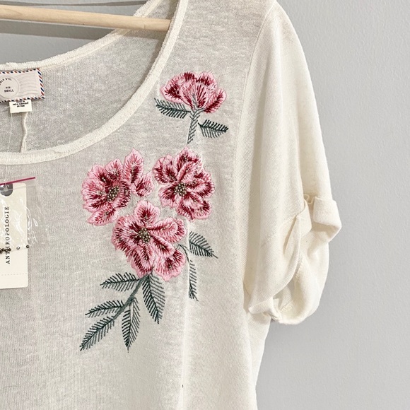 NWT Anthropologie Embroidered Linen Floral Top White Pink Size Small - Picture 9 of 16